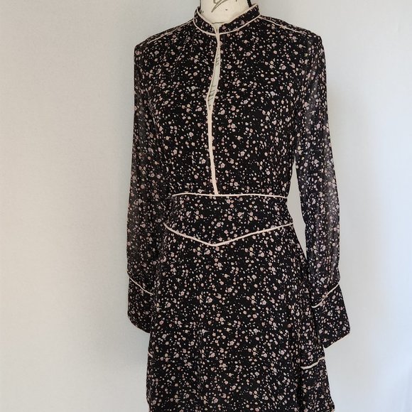 AllSaints Kay Floral Motif Sheer Chiffon Mini Dress Long Sleeve Black Pink - Picture 3 of 11